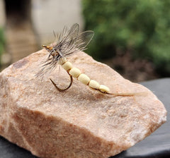 KTGCOZS extended-body mayfly: realistic profile with strong buoyancy for visible presence.