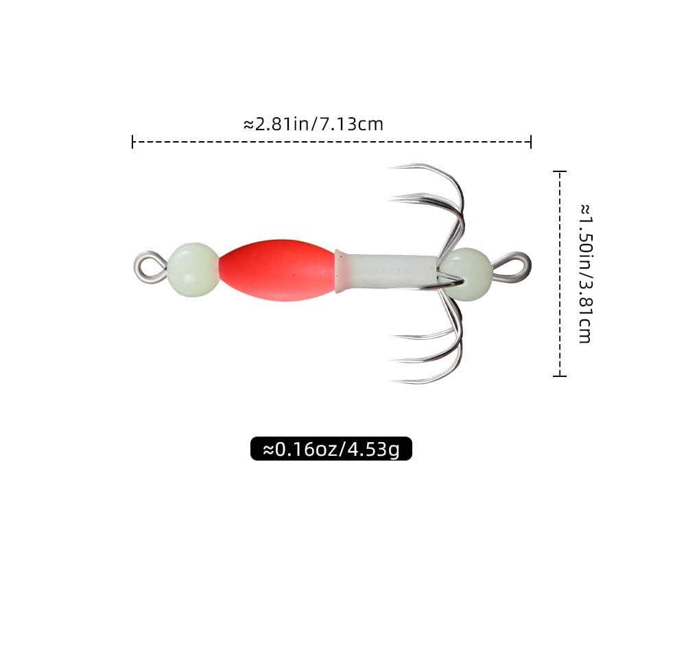 Close-up of luminous squid jig hook tips glowing underwater