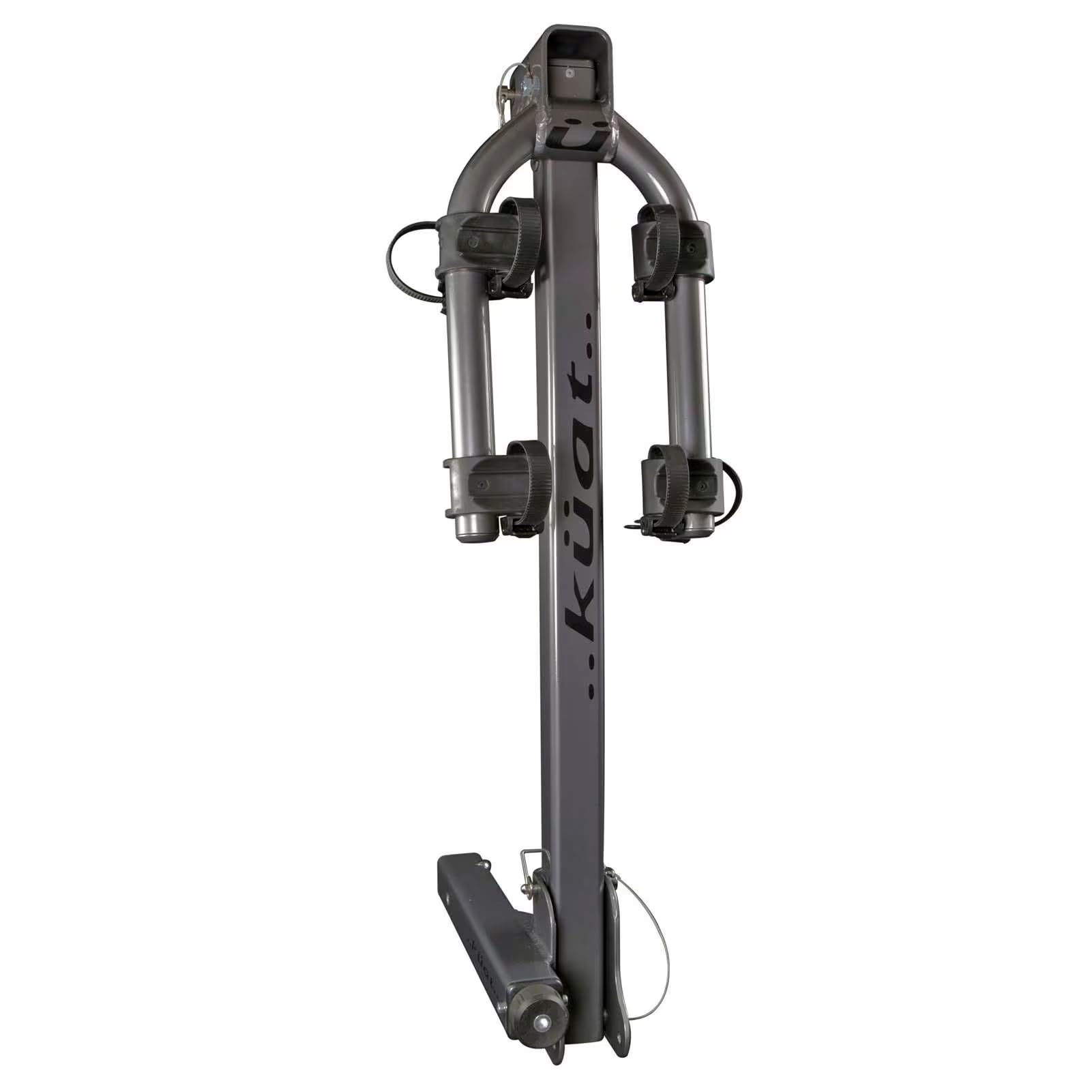 KUAT Beta hitch-mounted bike rack front view highlights sturdy aluminum build for road trips.