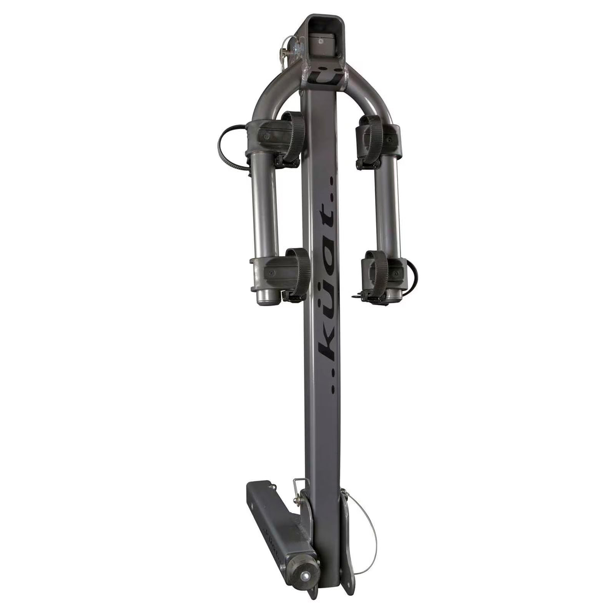 KUAT Beta hitch-mounted bike rack front view highlights sturdy aluminum build for road trips.