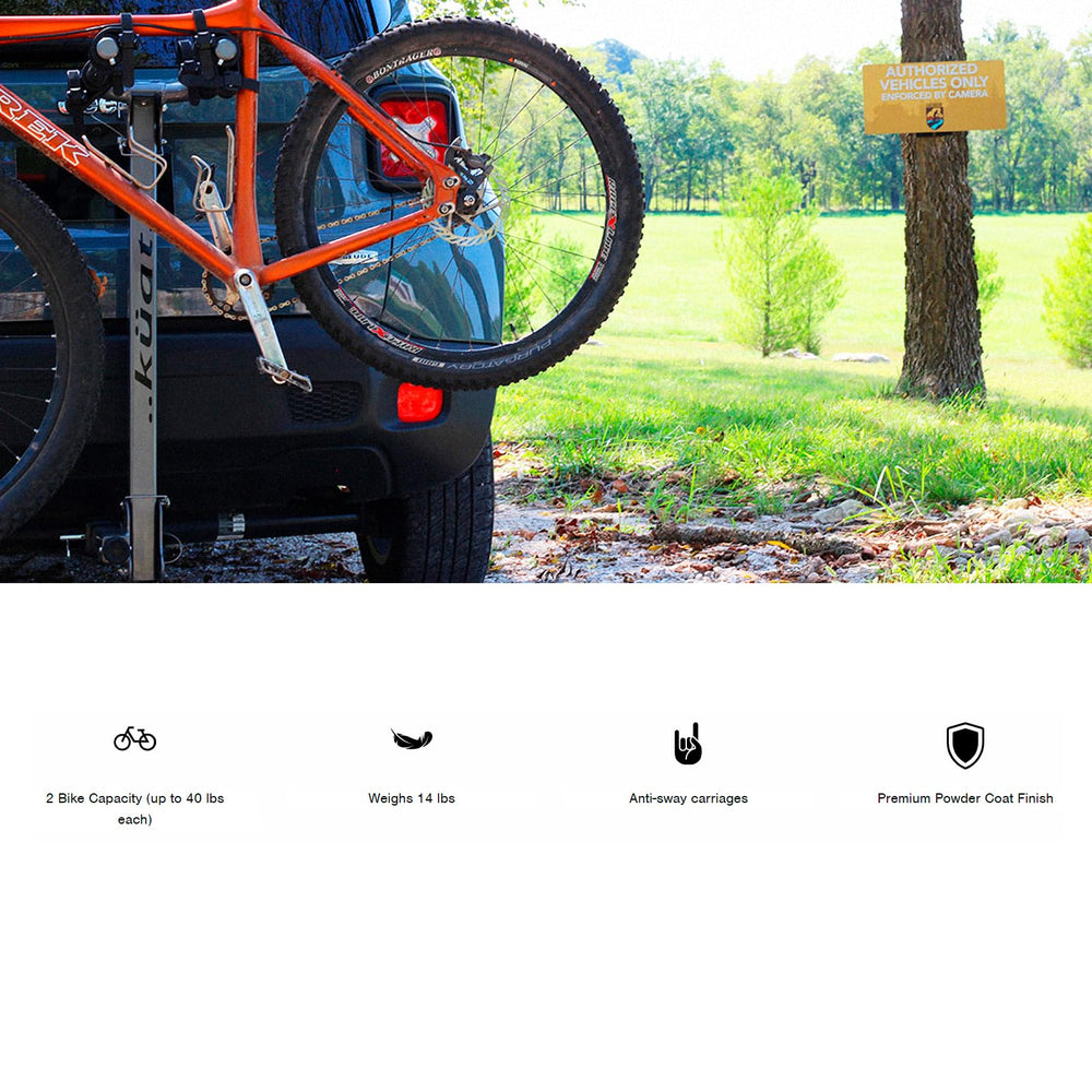 KUAT Beta 1.25-inch rack mounts securely with hand-tight cam system.
