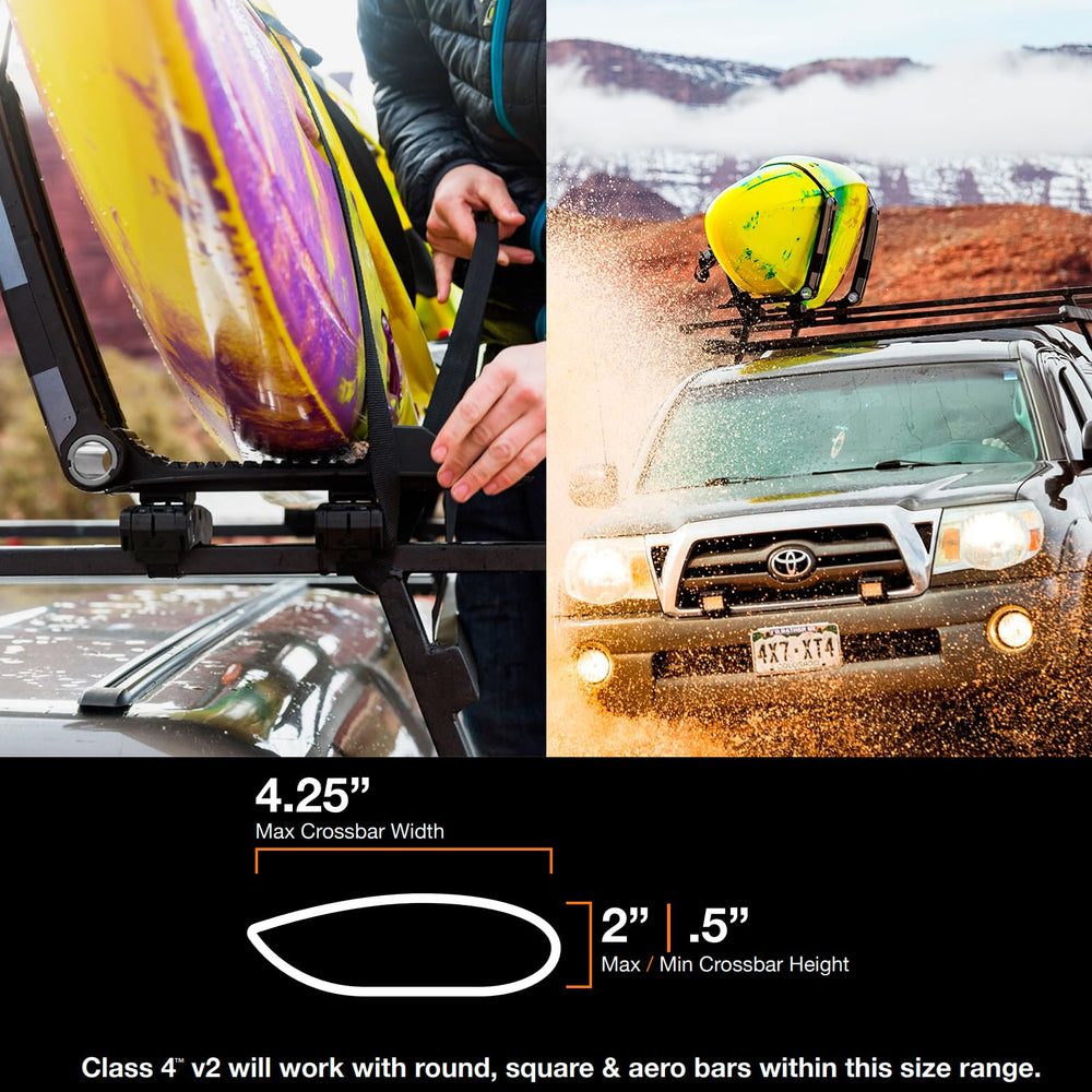 KUAT Class 4 V2 universal crossbar compatibility fits factory or aftermarket racks.