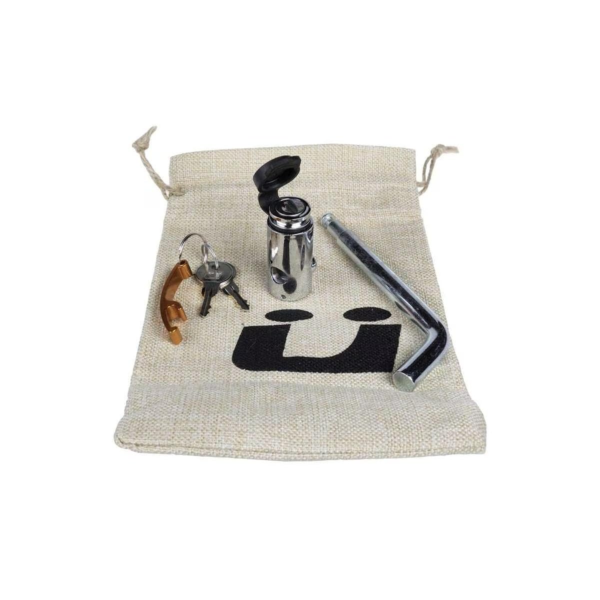 Kuat hitch lock in burlap bag with included keys for secure transport.