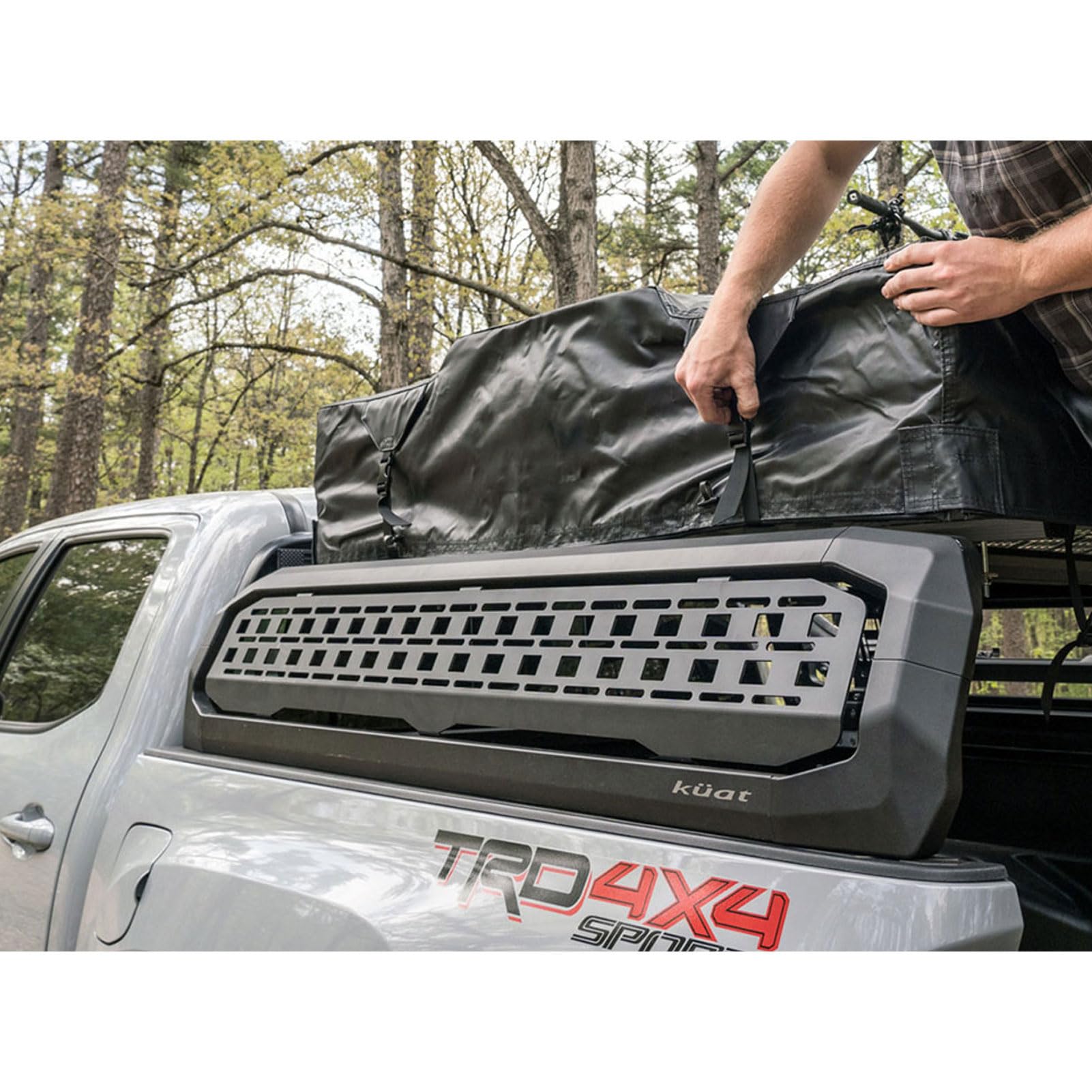 Kuat Ibex Molle Panel side view shows compact, accessible gear options for camping.