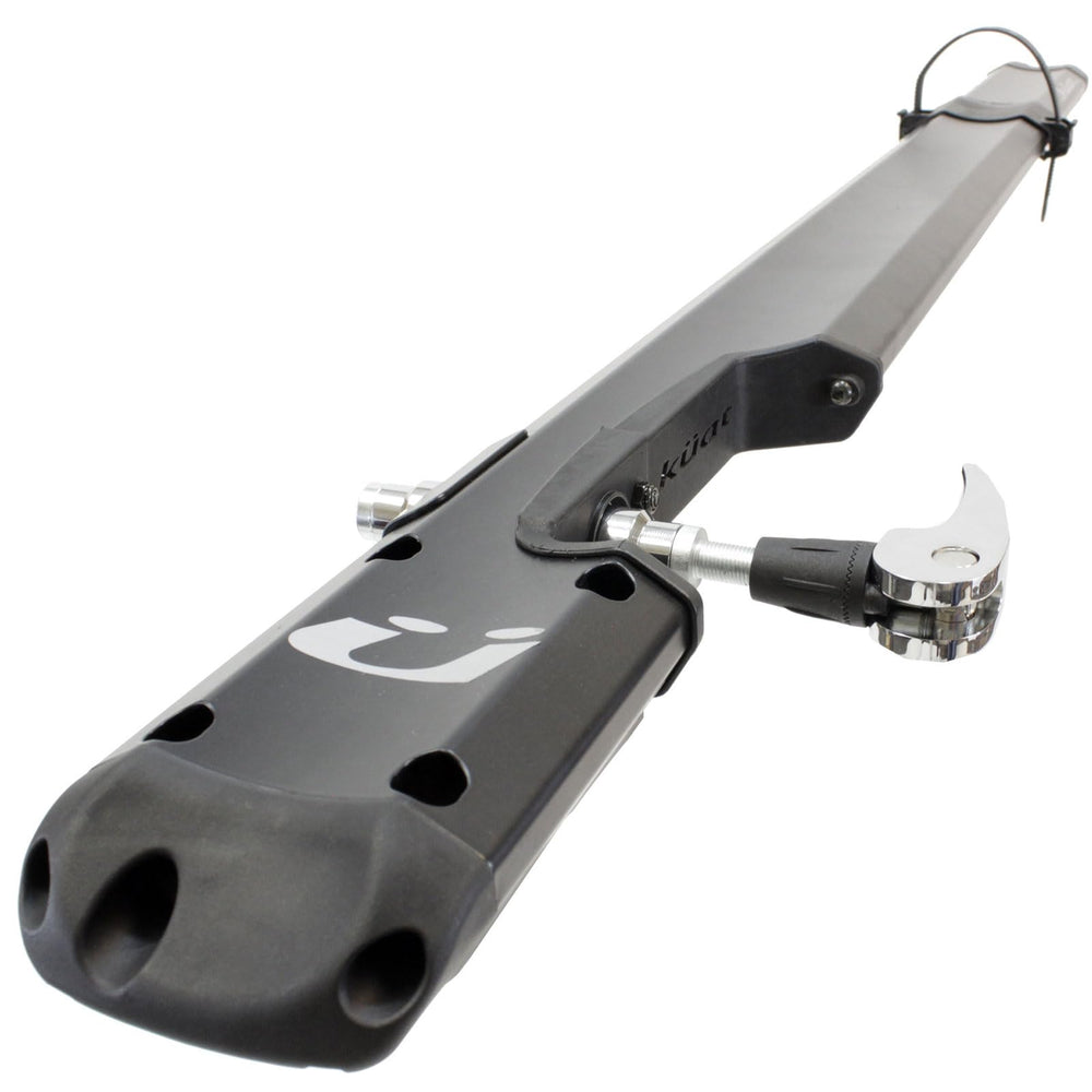 Kuat Trio integrated cable lock secures frame and rear wheel during transit.