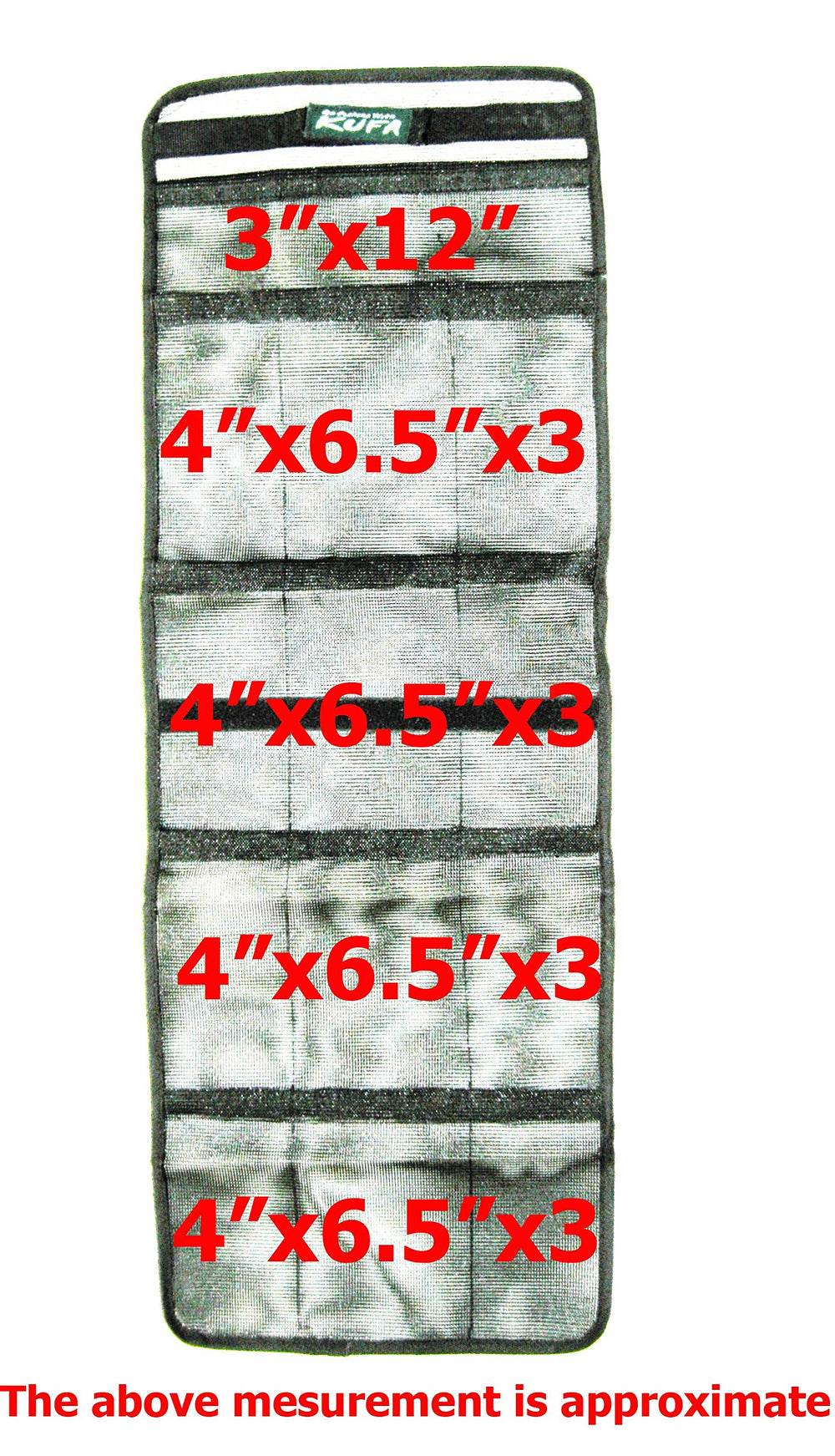 KUFA organizer pocket layout showing 4x6.5 pockets and a 12x3 pocket for organized gear