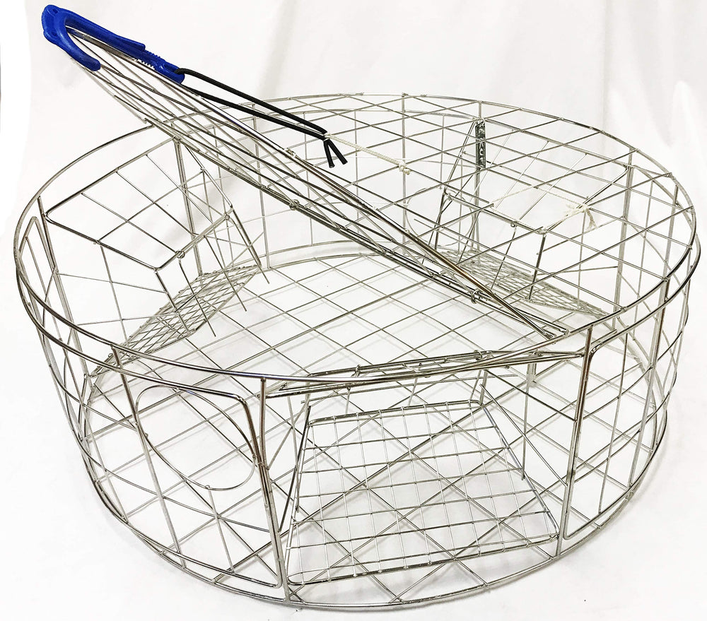 KUFA CT120-N stainless steel round crab trap front view with three entry tunnels for efficient crabbing