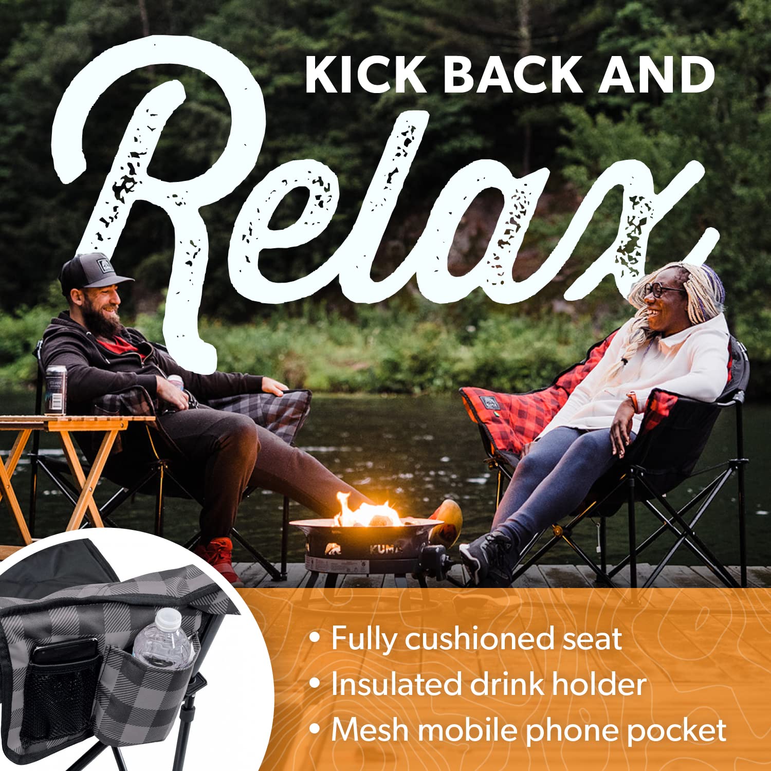 Kuma Lazy Bear Chair includes insulated cup holder for drinks