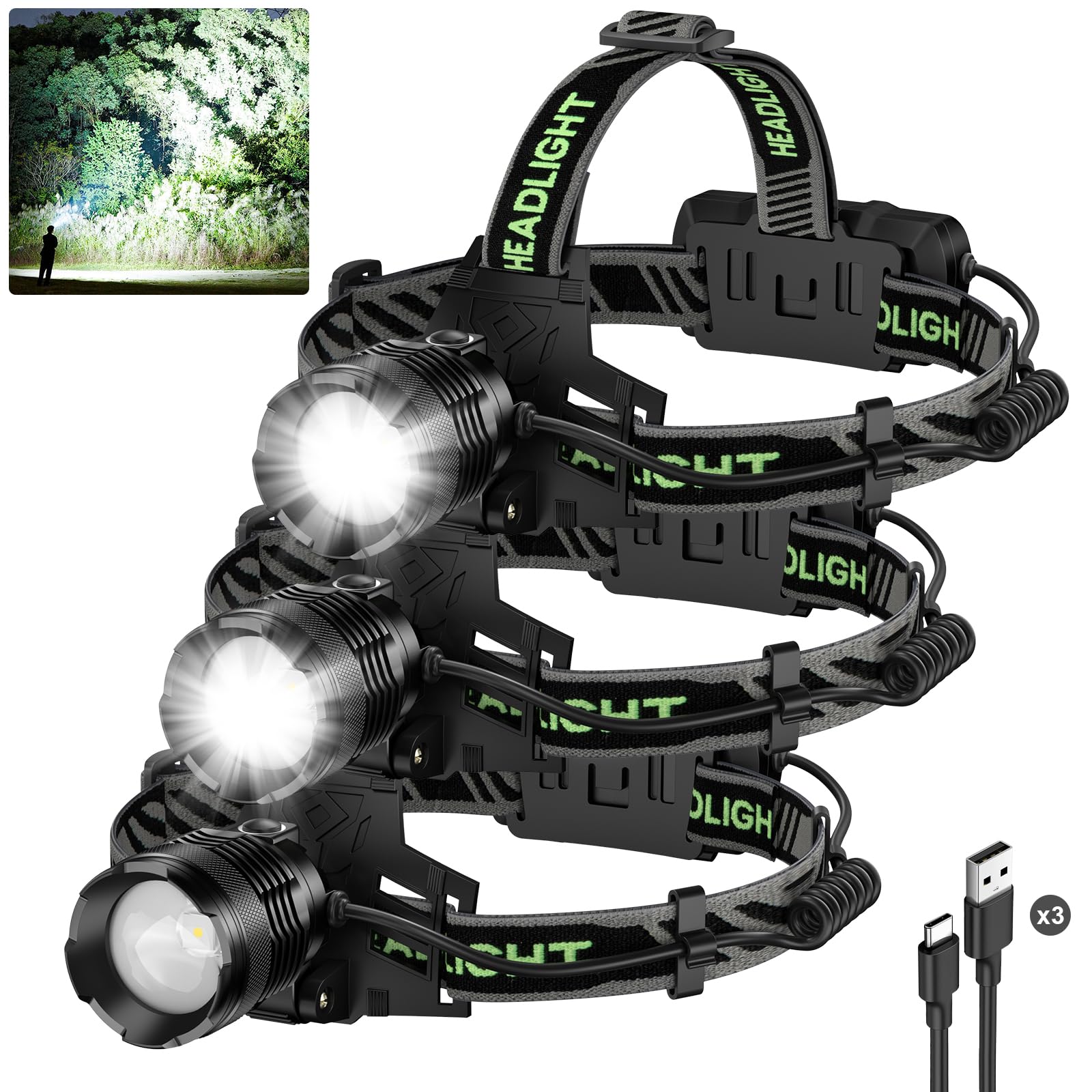 Kungf 3Pack headlamp front view for hands-free outdoor visibility during hikes