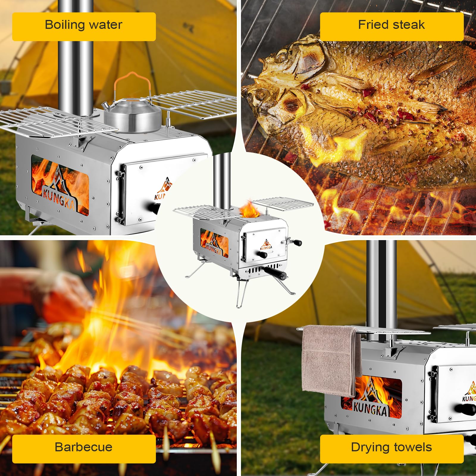 KUNGKA tent stove compact-pack design with foldable legs for backpacking