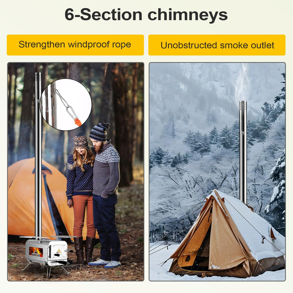KUNGKA tent stove in use during camping demonstrates heating and cooking versatility