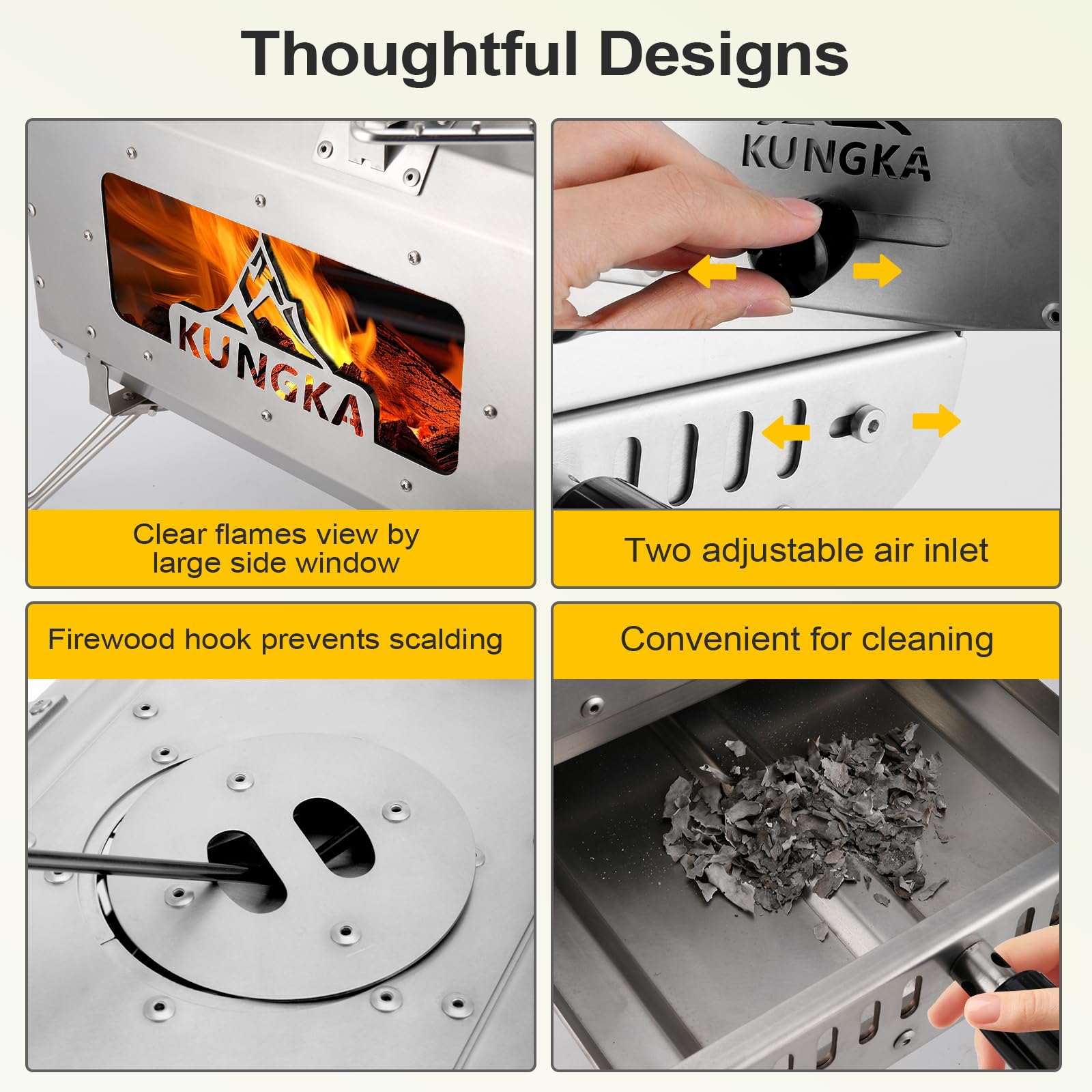 KUNGKA tent stove with pipe assembly and rain cap for weather-ready setups