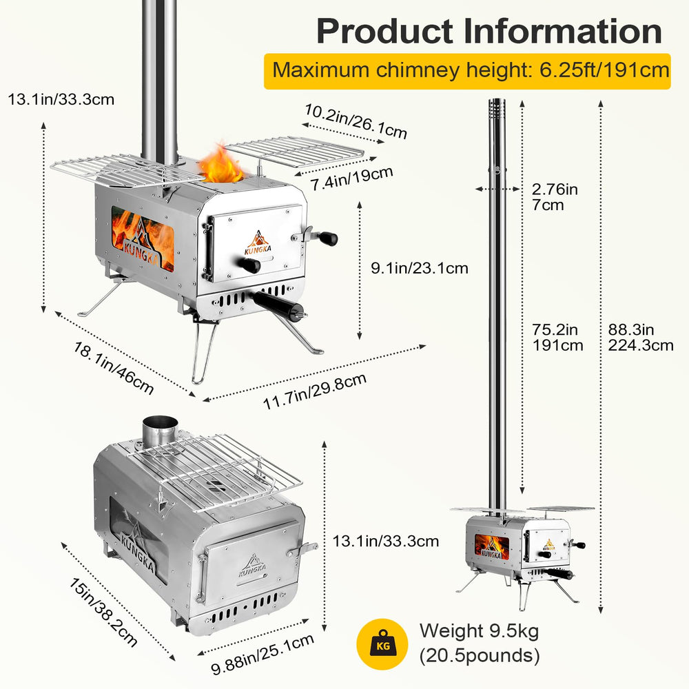 KUNGKA tent stove side view highlights storage rack and foldable legs for portability