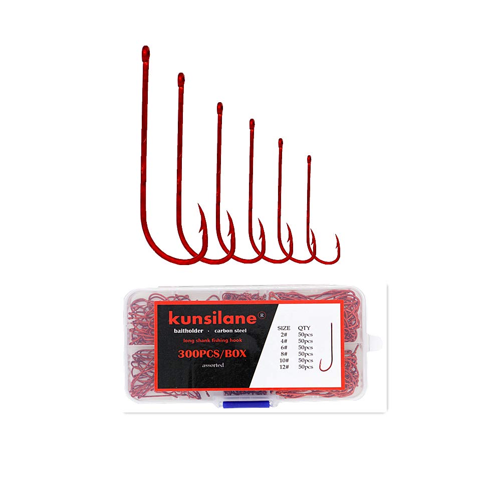 Kunsilane red baitholder fishing hooks assortment, sizes 1/0 to 8#