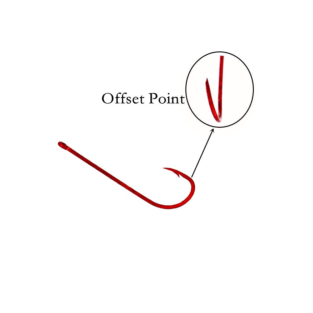 Turn-down eye offset hook showing two shank notches for bait