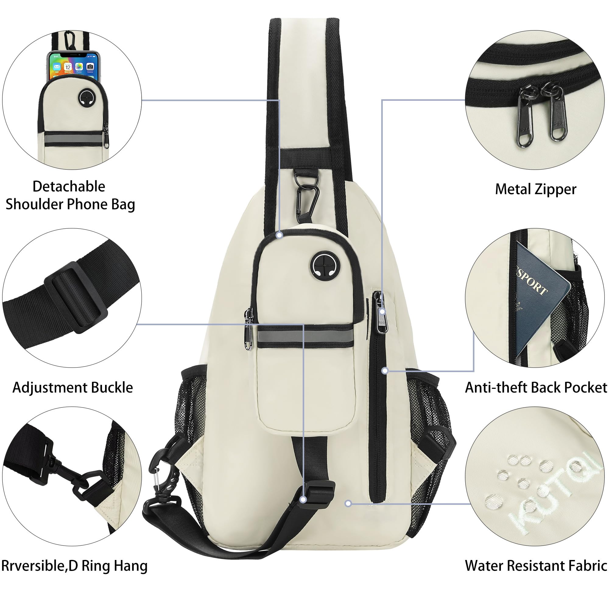 KUTQI model wearing sling bag during outdoor activity.