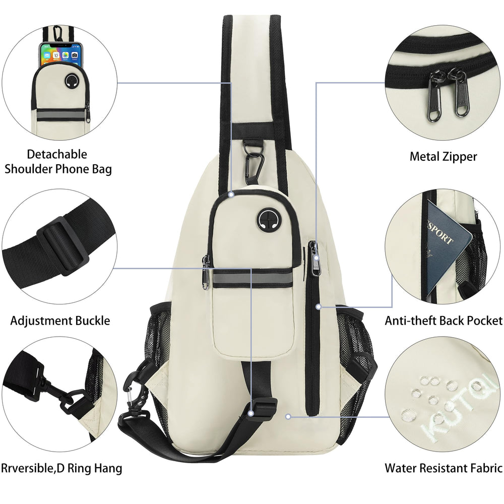 KUTQI model wearing sling bag during outdoor activity.