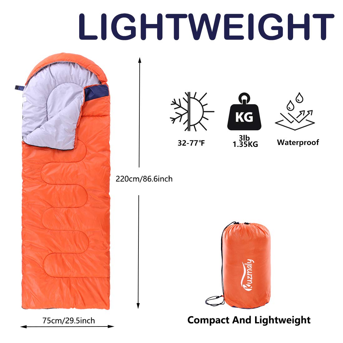 Kuzmaly sleeping bag compression sack packed compact for easy transport and storage.