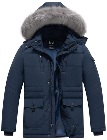 KVE men's hooded warm coat front view in navy demonstrates wind protection for chilly commutes.