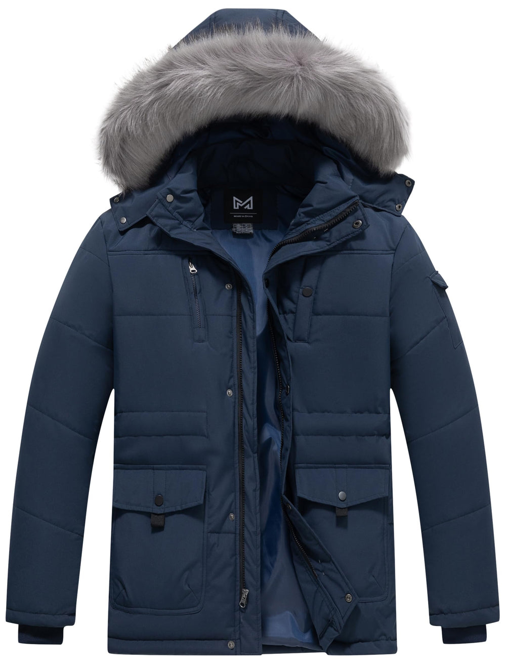 KVE men's hooded warm coat front view in navy demonstrates wind protection for chilly commutes.