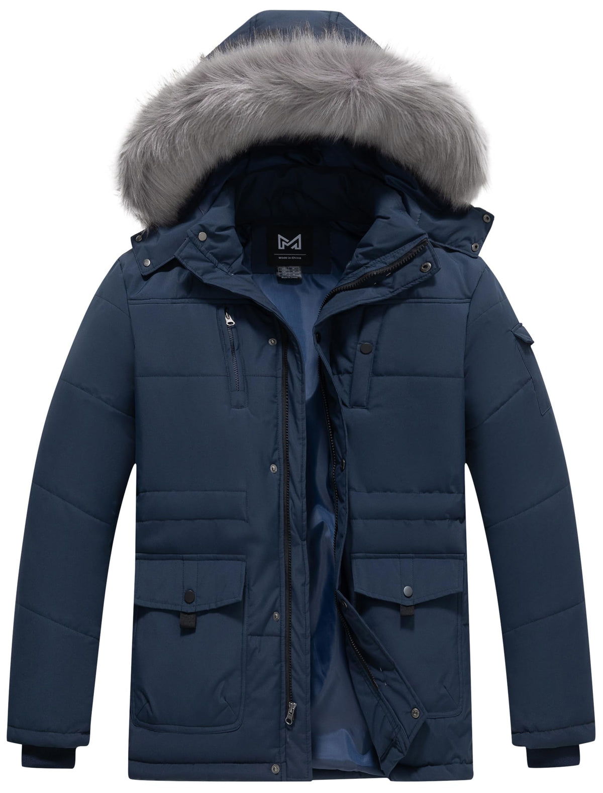 KVE men's hooded warm coat front view in navy demonstrates wind protection for chilly commutes.