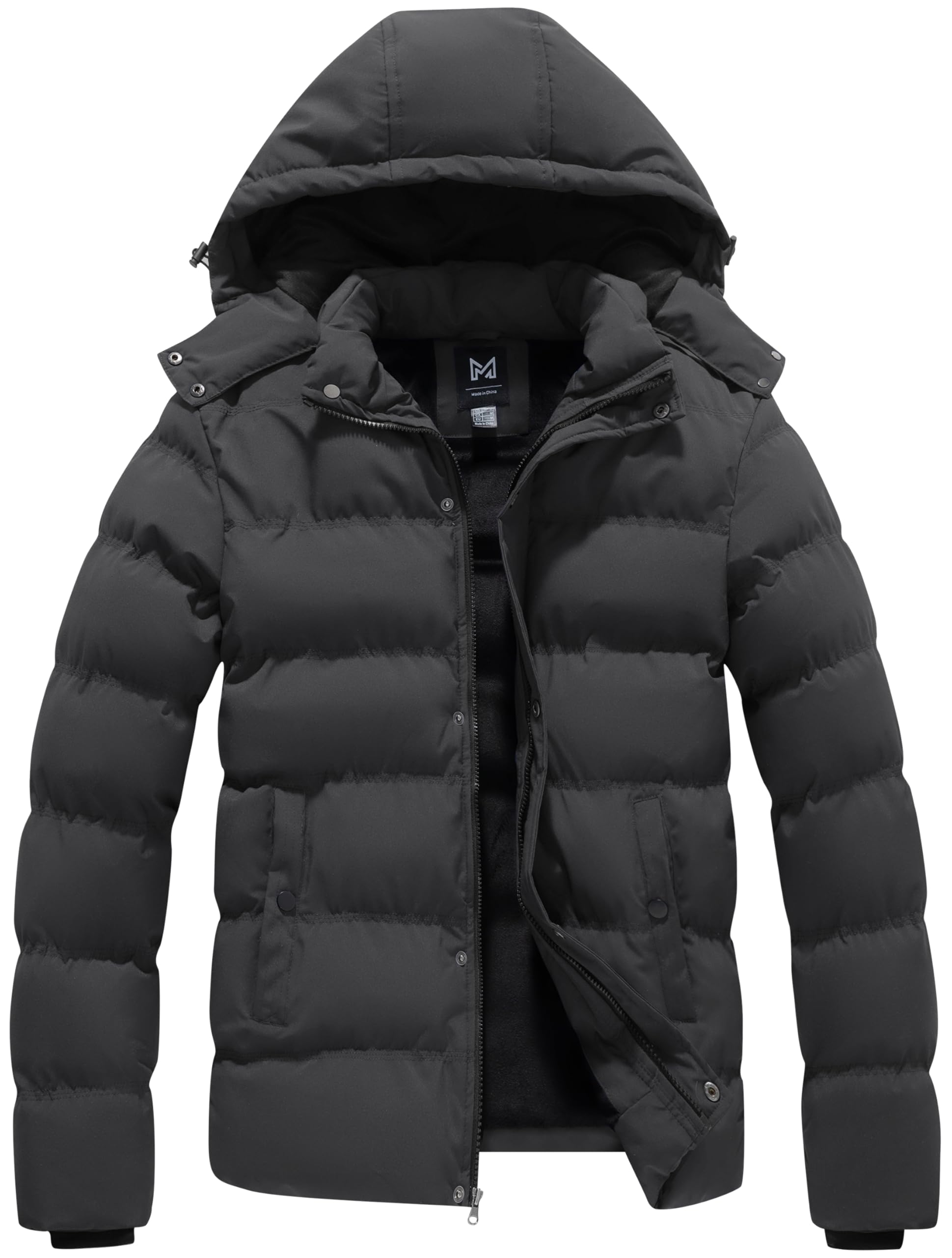 KVE men's hooded winter coat front-zip detail highlights wind resistance and warmth