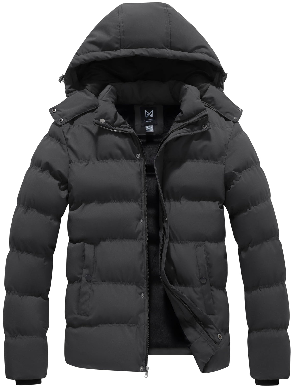 KVE men's hooded winter coat front-zip detail highlights wind resistance and warmth