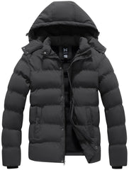 KVE men's hooded winter coat front-zip detail highlights wind resistance and warmth