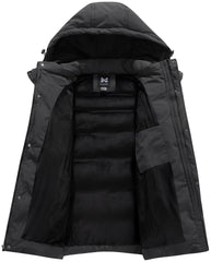 KVE men's hooded winter coat quilted-detail close-up emphasizes premium down-alternative warmth