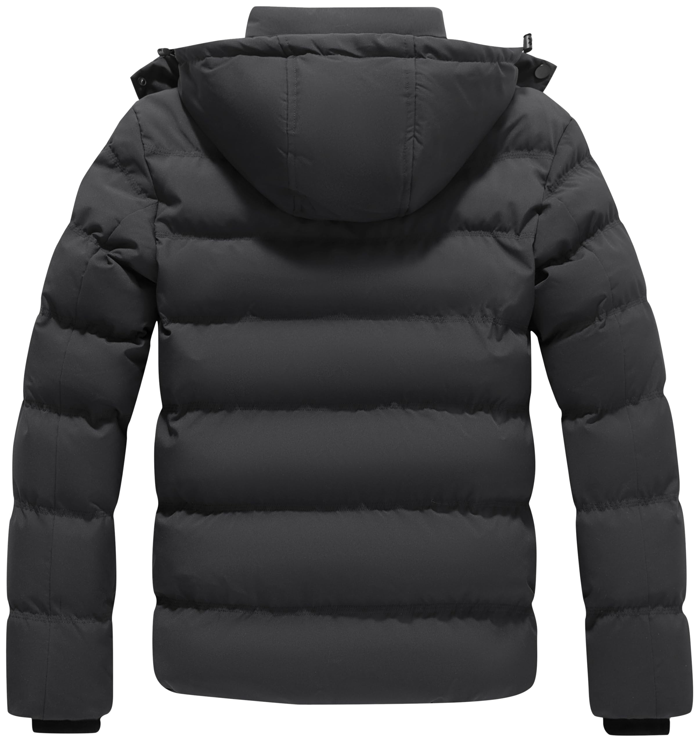 KVE men's hooded winter coat side-view shows sleek silhouette and quilting for insulation