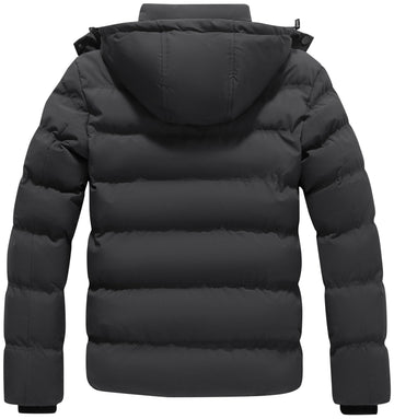 KVE men's hooded winter coat side-view shows sleek silhouette and quilting for insulation
