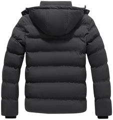KVE men's hooded winter coat side-view shows sleek silhouette and quilting for insulation