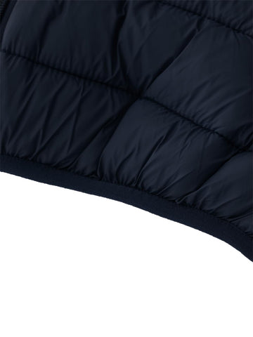 KVE navy packable coat displayed with travel carry pouch