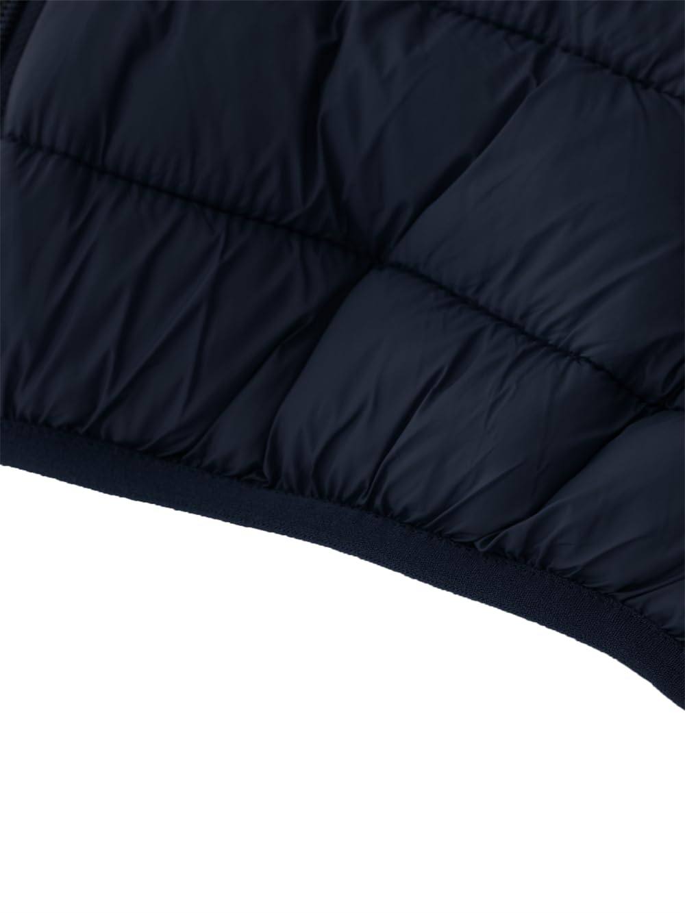 KVE navy packable coat displayed with travel carry pouch