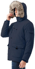 KVE parka with detachable faux fur trim offers a sleek, adaptable look.