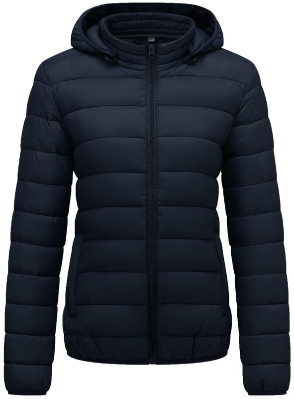 KVE women's hooded packable ultra-light coat navy outerwear for travel