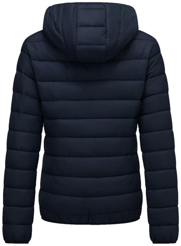 KVE navy packable pouch jacket showing on-the-go warmth