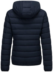 KVE navy packable pouch jacket showing on-the-go warmth