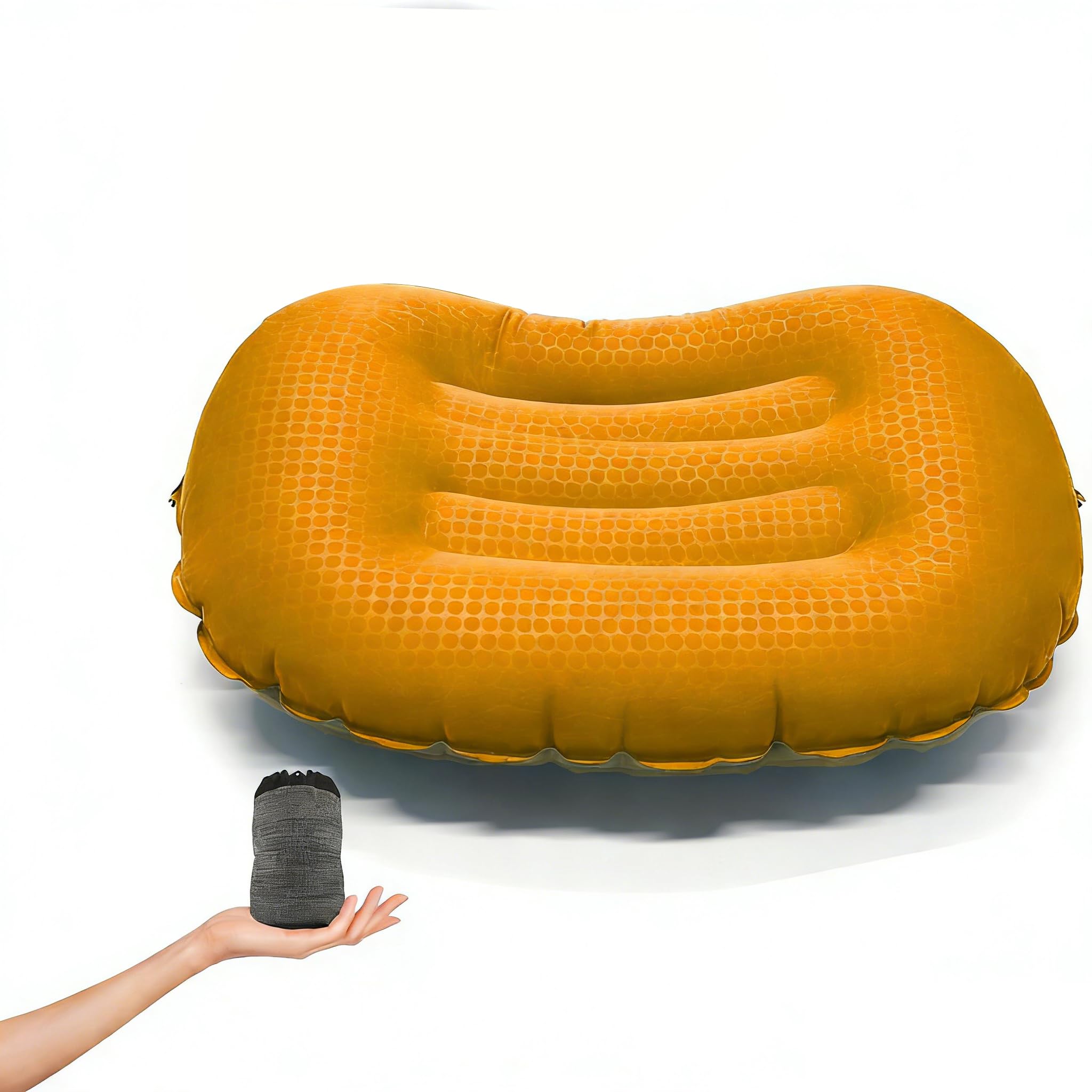 KVNTOOLS Ultralight camping pillow in orange supports neck and lumbar for travel comfort.