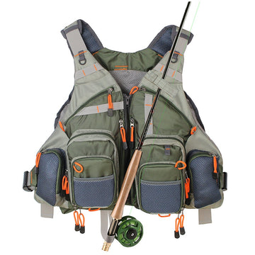 Kylebooker fishing vest mesh Army Green front view shows lightweight comfort on water.