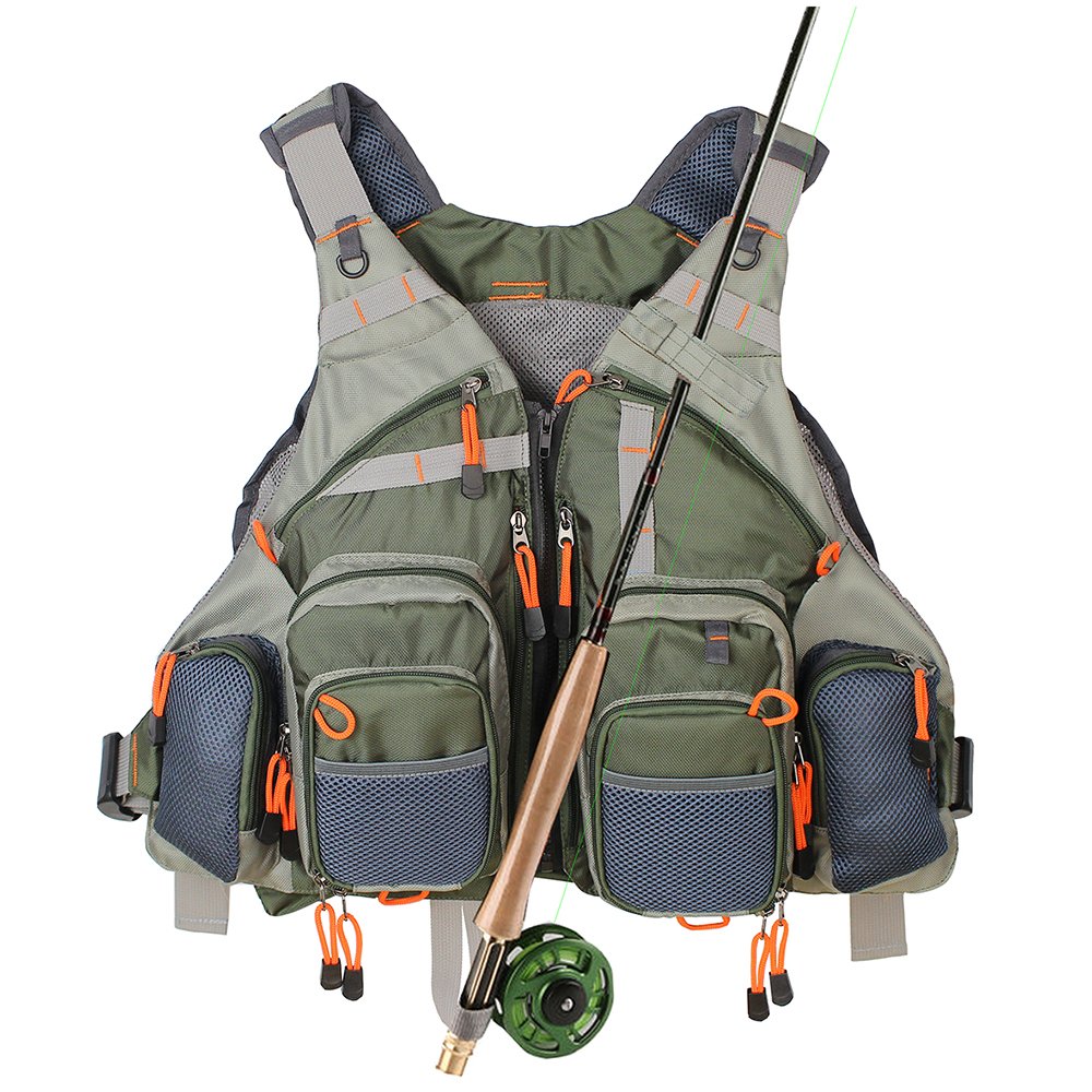 Kylebooker fishing vest mesh Army Green front view shows lightweight comfort on water.