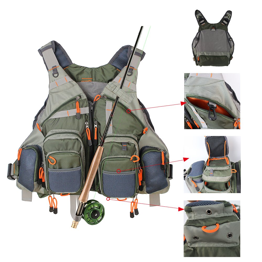 Kylebooker fishing vest mesh Army Green rod holder loops enable quick tool access.