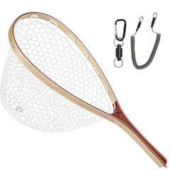 Kylebooker fly fishing net with wooden frame for gentle catch-and-release.