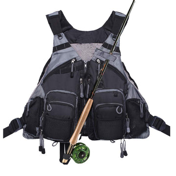 Kylebooker fly fishing vest front view in black for all-day wear.