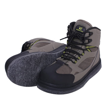 Kylebooker men's wading boots close-up of green felt soles offering reliable traction.