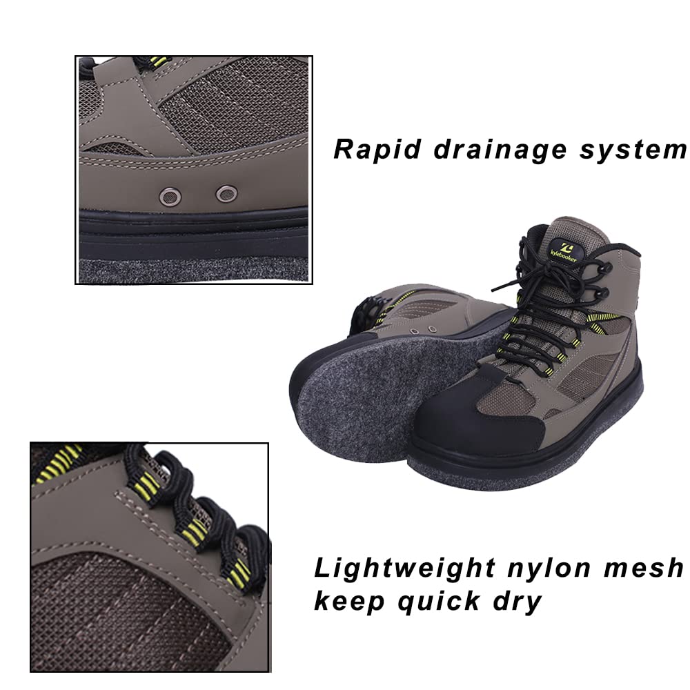 Kylebooker green boots shown in stream use for fly fishing.