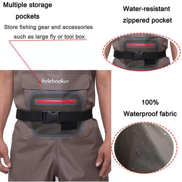 Kylebooker wader belt and suspenders close-up illustrating secure, adjustable fit for varied heights.