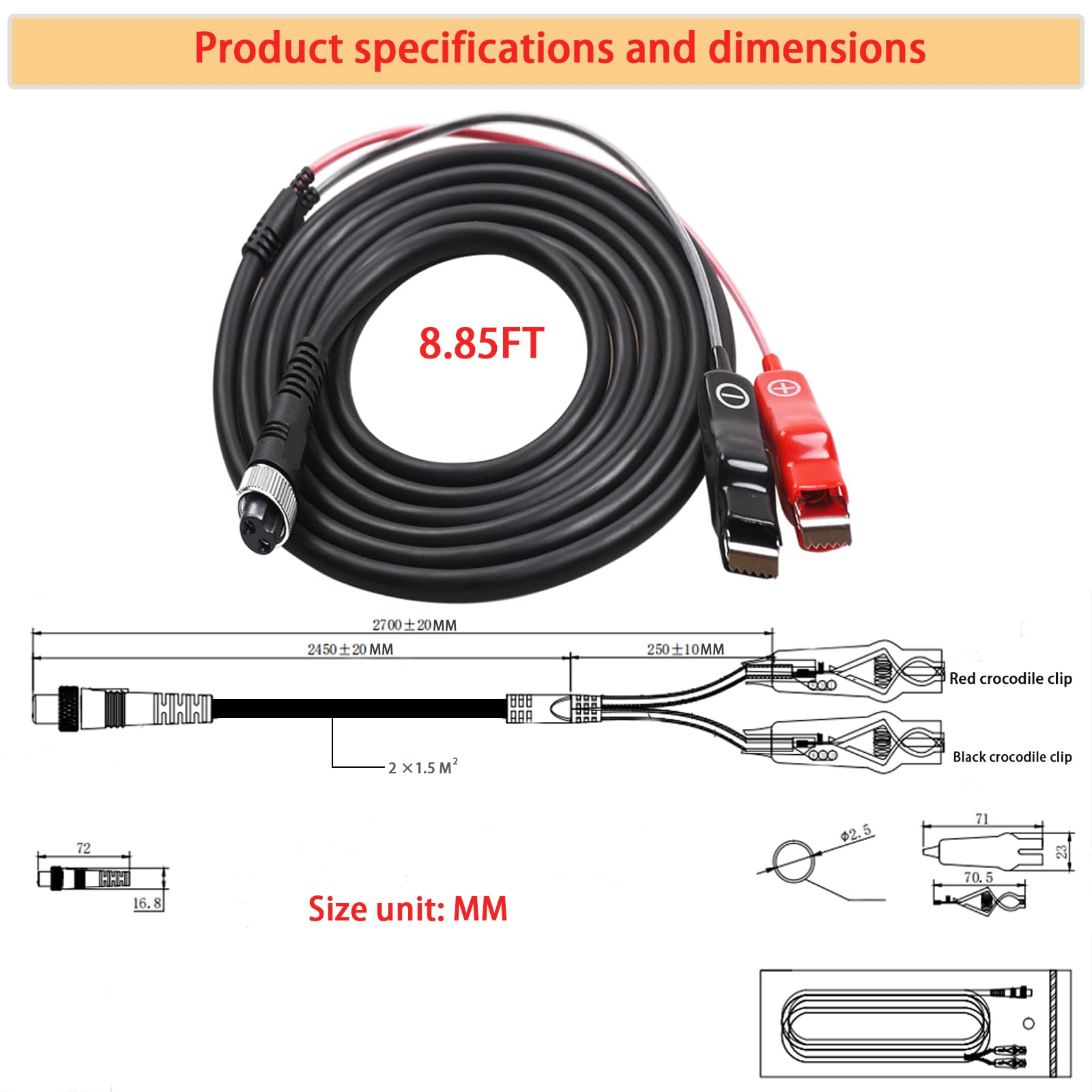 Power cord length 2.7 meters for electric fishing reels