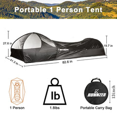 L RUNNZER mosquito tent packed into small bag for backpack portability.