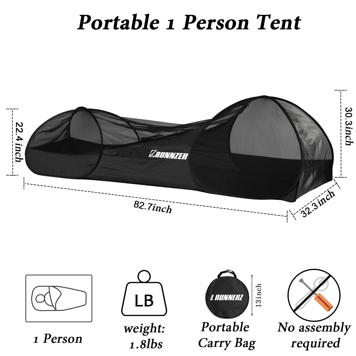 L RUNNZER tent folds to compact 13-inch carry bag for backpacking.
